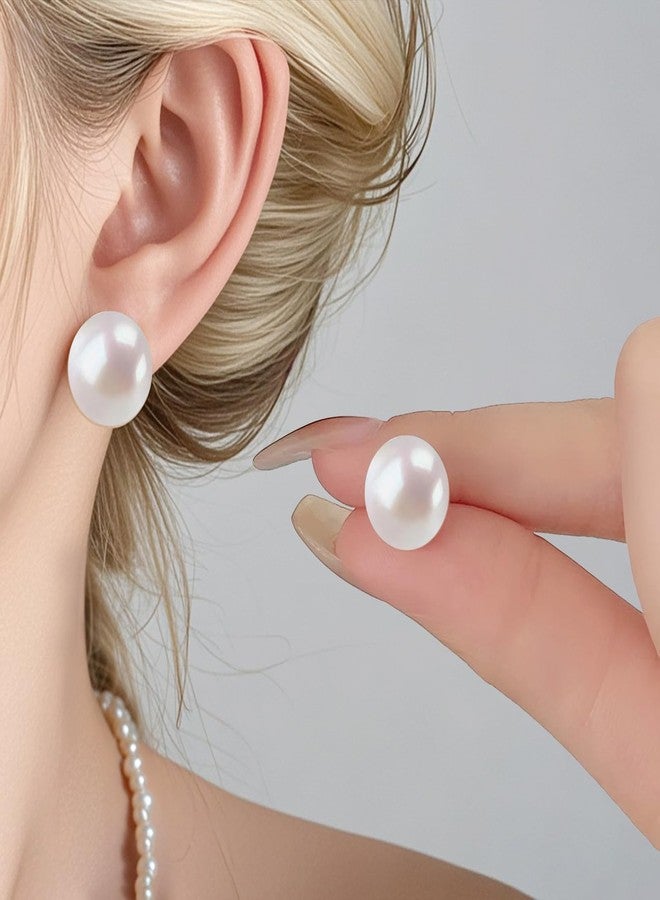 Sanglarst 4 Pairs Pearl Stud Earrings 14K Plated Gold Sterling Silver Hypoallergenic Earring stud Flat Round Large size pearl 8mm-14mm Set Earrings for women - Image 5